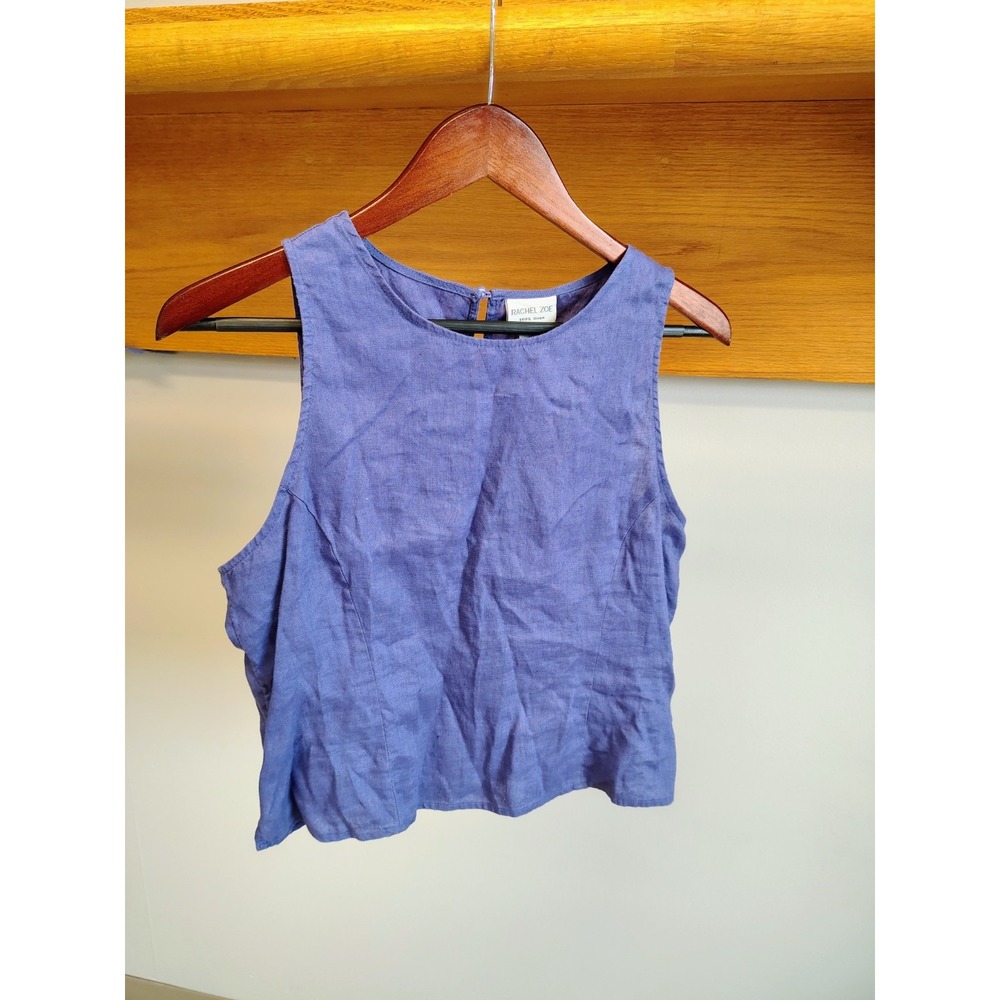 100% Linen Blue Solid Round Neck, Smocked Back Button Blouse, M, Rachel Zoe
